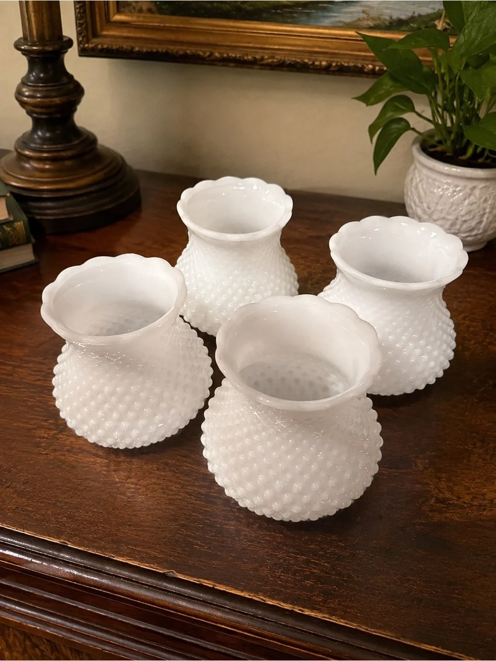 Set of 4 Vintage White Milk Glass Hobnail Lamp Shades Globes Scalloped Rim